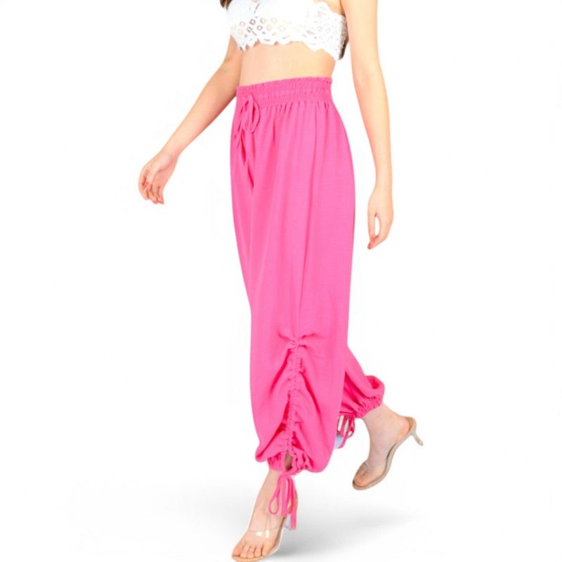 Anna-Kaci Women's Relaxed Fit Drawstring Hem Pants with Elastic Waist- Fuchsia,Small