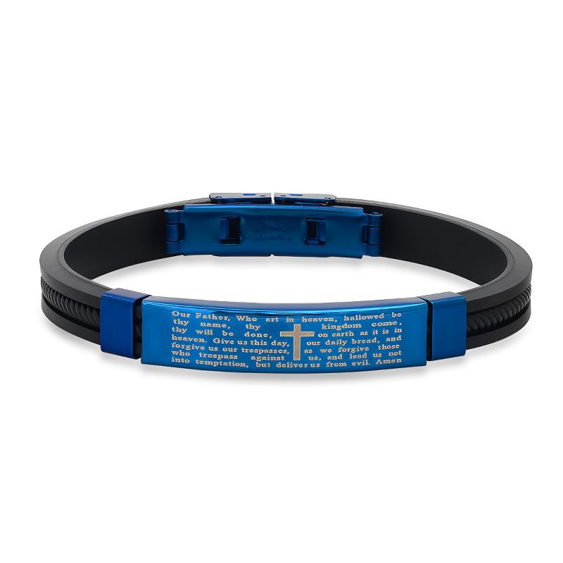 Steeltime Men's black rubber and blue ip Our Father english prayer id bracelet. Color Options: Black, White, Blue, Orange, Red, Blue/Black