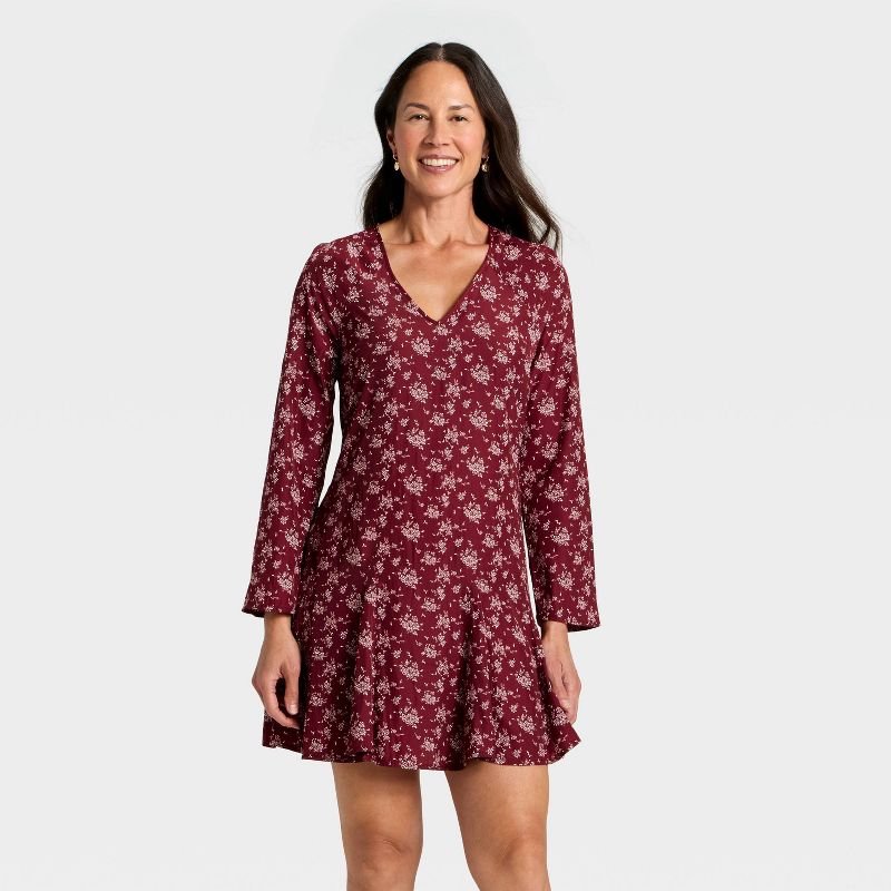 Women's Bell Long Sleeve Godet Mini A-Line Dress - Universal Thread™ Burgundy Floral M