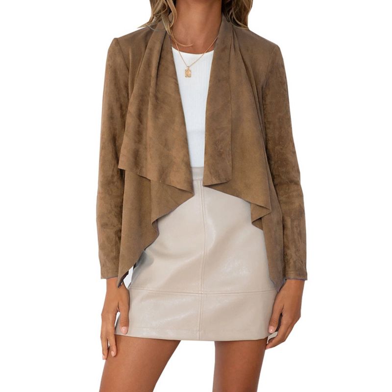Women's Faux Suede Jackets Fashion Fall Clothes Long Sleeve Open Front Cropped Coat Outwear Brown 3XL