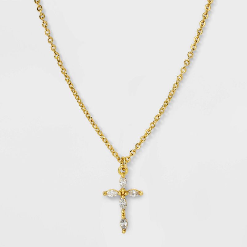 14K Gold Dipped Brass Cubic Zirconia Cross Pendant Necklace - A New Day™ Gold
