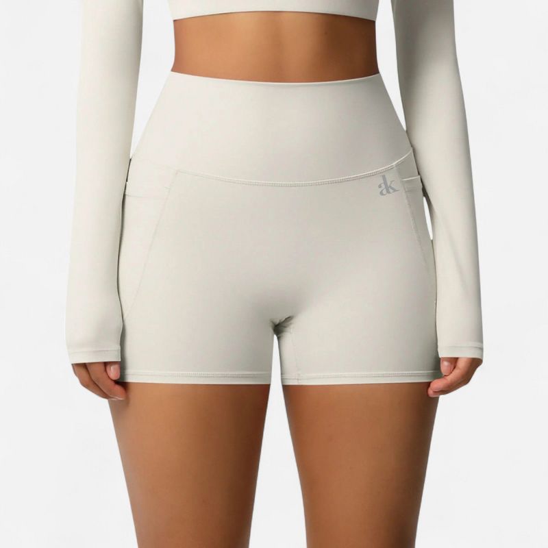 Anna-Kaci Active Women's High Waist Active Shorts with Stretch Compression Fit Seamless Construction and Side Pocket Detail - Off White, Large