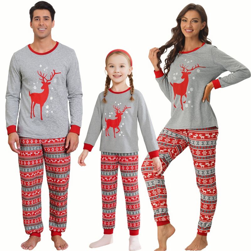 cheibear Christmas Deer Print Long Sleeve Tee with Pants Loungewear Family Pajama Sets Red Women's X-Small
