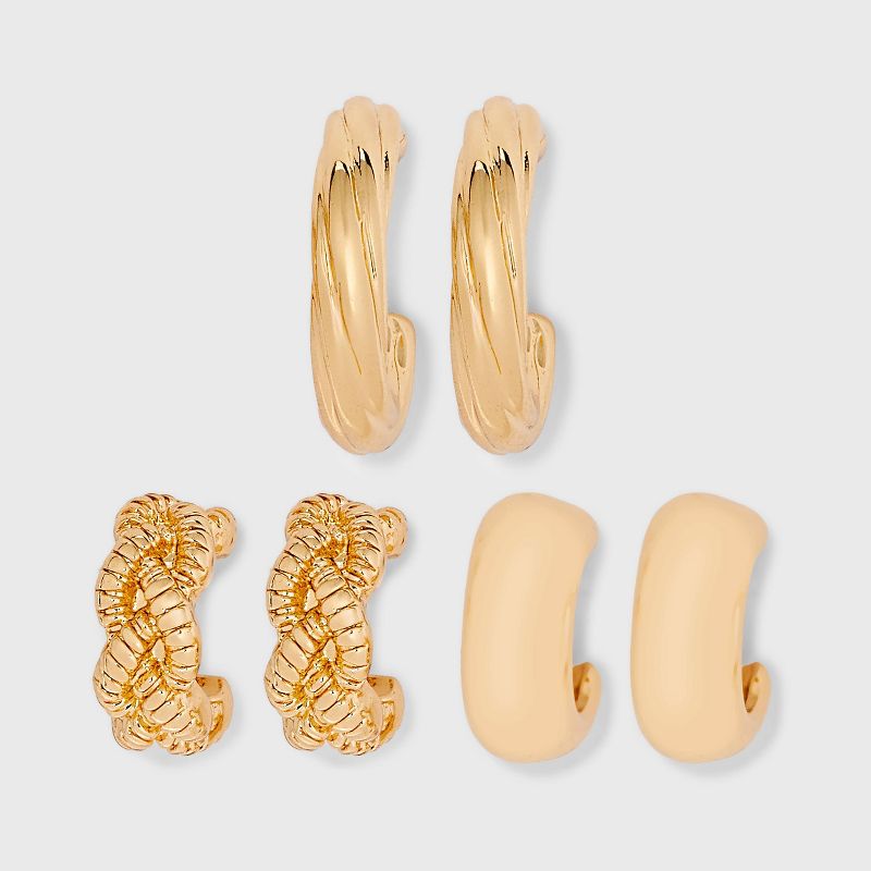 Braided and Twist Textured Hoop Earring Set 3pc - Universal Thread™ Gold: Nickel-Free Jewelry, Post Closure