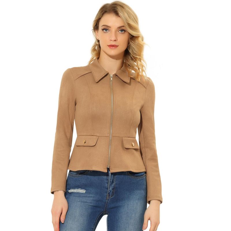 Allegra K Women's Faux Suede Short Zip Up Motorcycle Biker Coat Small Brown