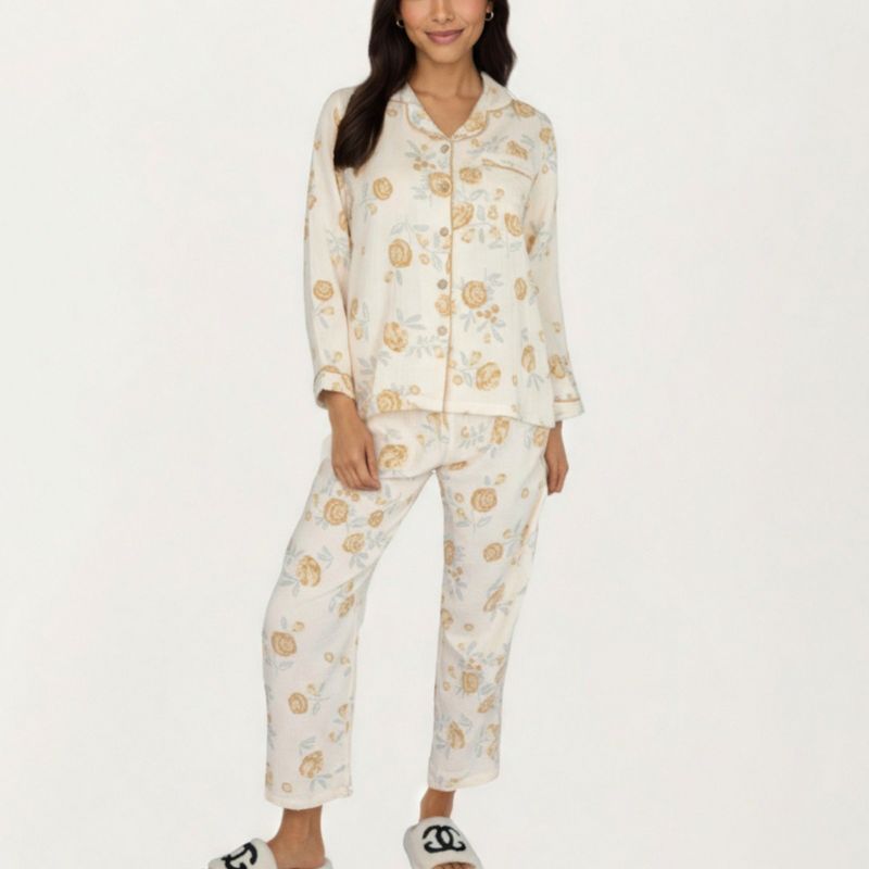 Anna-Kaci Lounge Women's 2-Piece Set Button-Up Floral Print Long Sleeve Sleep Shirt with Matching Relaxed Fit Pants - Small, Light Beige