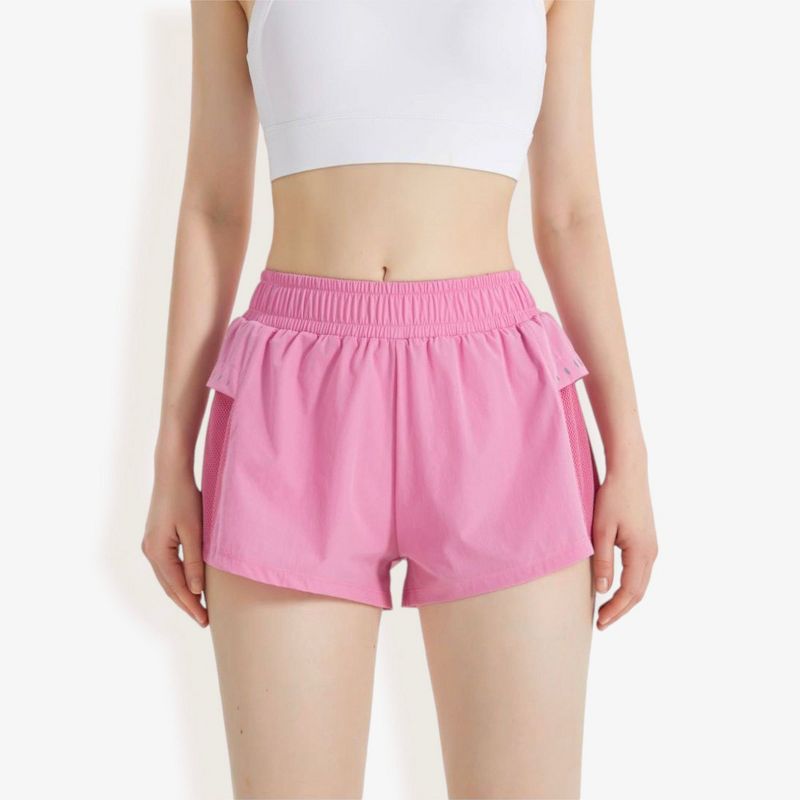 Anna-Kaci Active Women's High-Waist Athletic Shorts with Side Pockets and Mesh Panels for Workout Wear - Medium, Pink