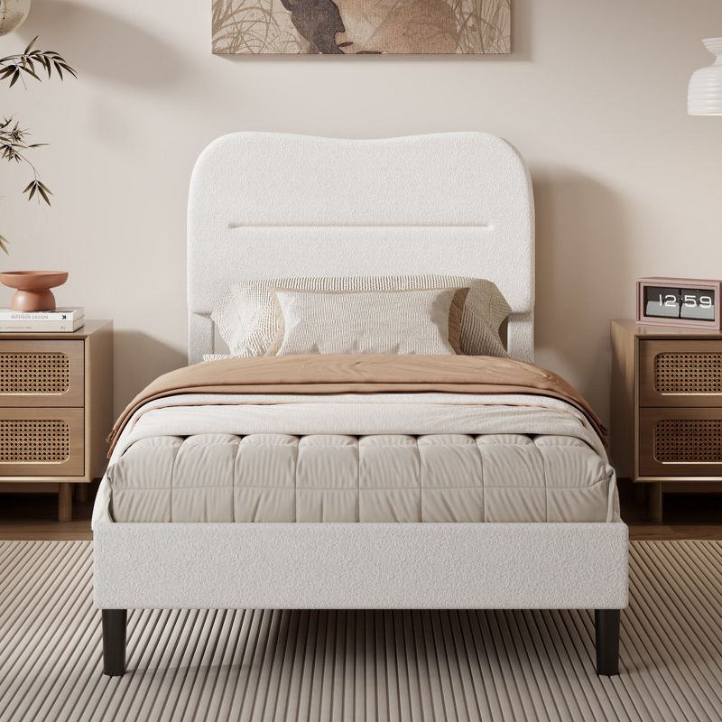 White Twin Size Platform Bed Frame Teddy Boucle Upholstered Soft Cloud Headboard Marshmallow Design No Box Spring Needed Kids Bedroom Furniture