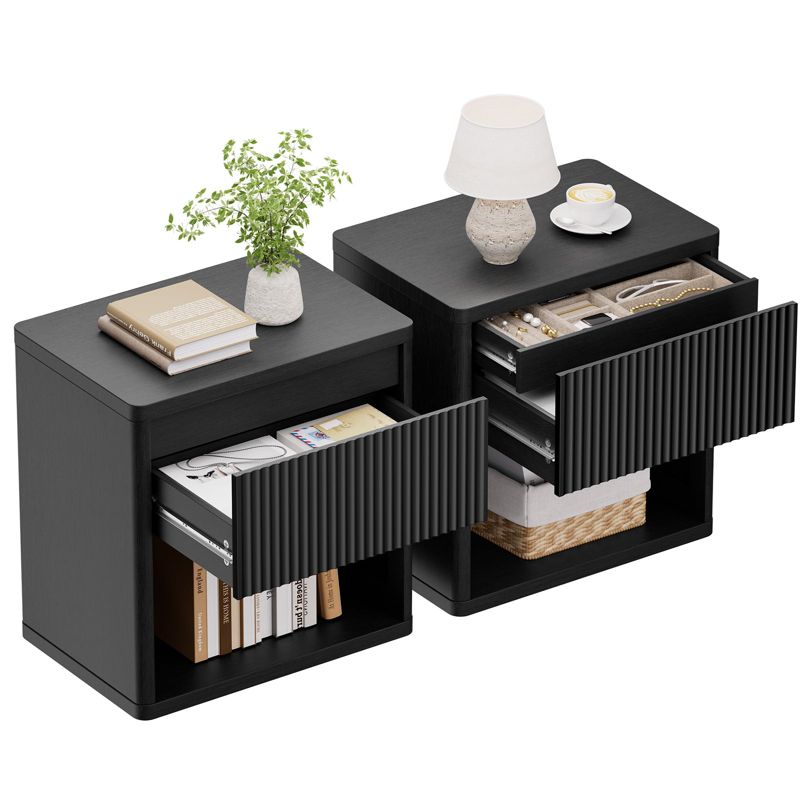 Brafabhome Fluted Nightstand Set of 2 with Drawers, Modern Bedside Table with Hidden Drawer, Accent End Table with Open Shelf, Curved Profile | Black