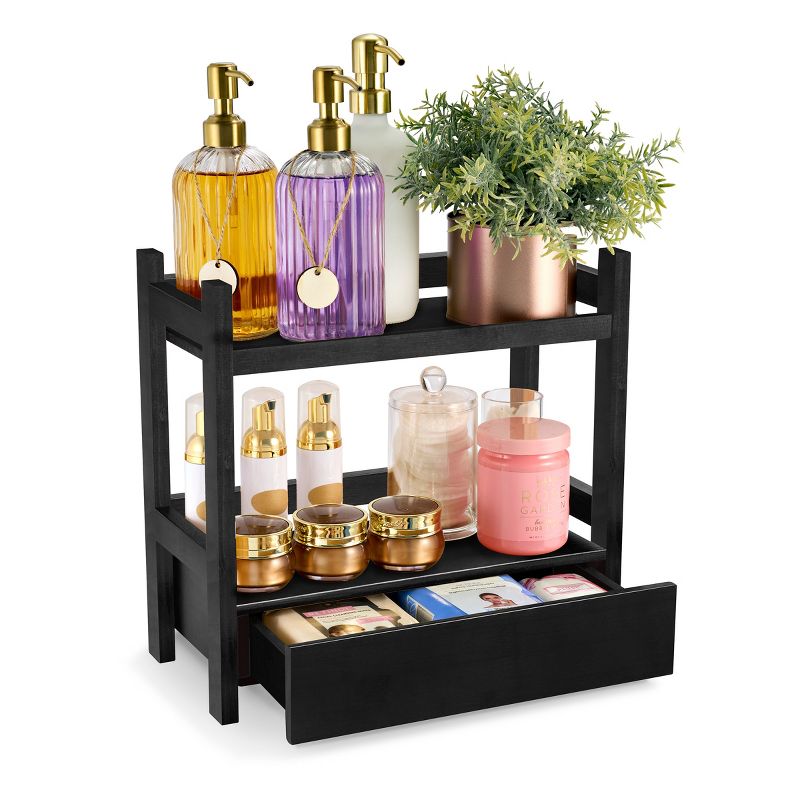 Sorbus 2-Tier Bamboo Counter Organizer with Drawer Bamboo for Vanity, Matcha Station, Bathroom Sink Organizer Countertop, Kitchen & Office Storage