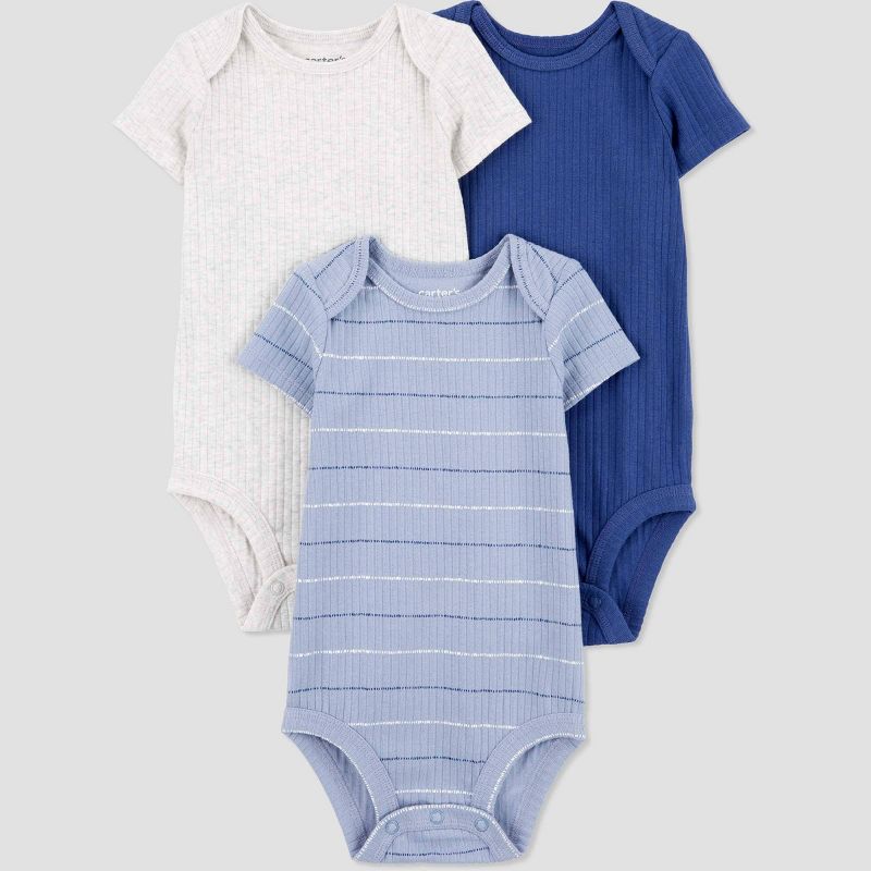 Carter's Just One You® Baby Boys' 3pk Bodysuit - Blue/Gray 24M: Cotton Elastane, Crotch Snap, Tagless