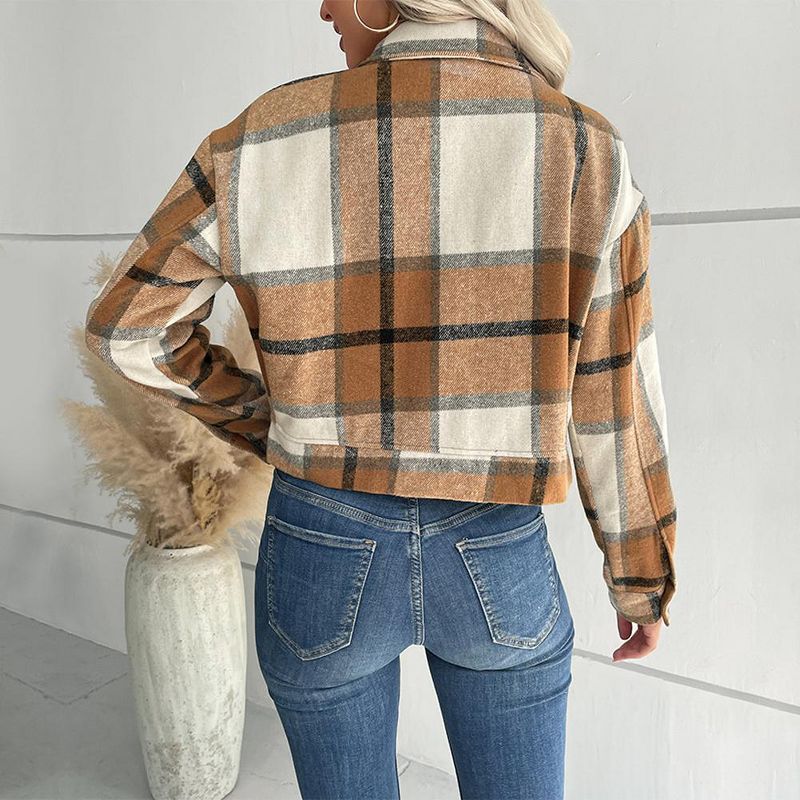 Jackets for Women Cropped Shacket Plaid Button Down Shirt Long Sleeve Flannel Coat Tops with Lapel Pocketes Khaki XL