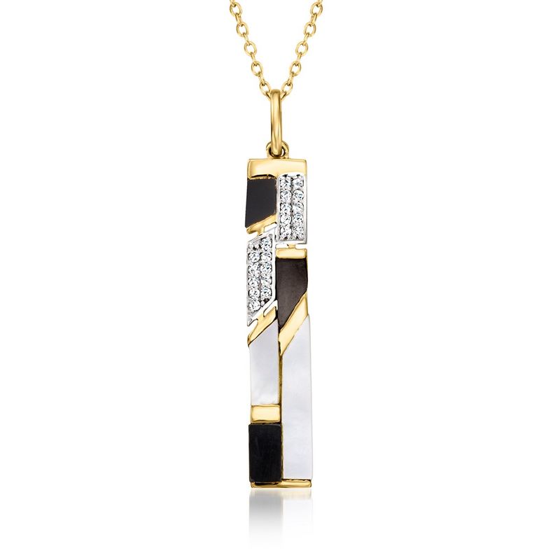 Ross-Simons Mother-Of Pearl and Onyx Pendant Necklace With .10 ct. t.w. White Topaz in 18kt Yellow Gold Over Sterling Size 18