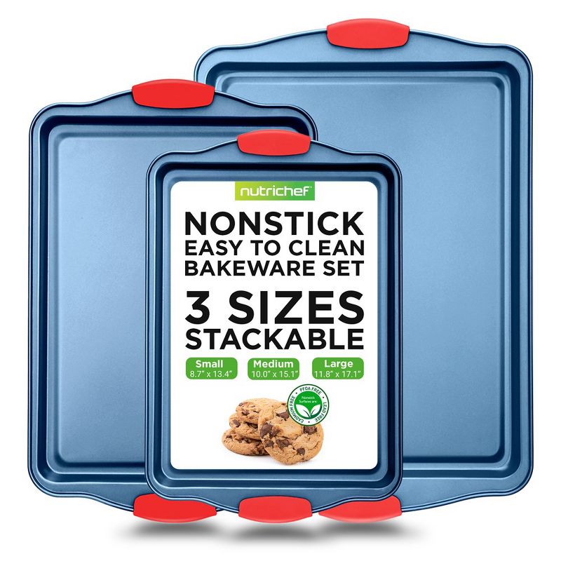 NutriChef Kitchen Oven Baking Pans - 3 Peice Deluxe Nonstick Blue Coating Inside & Outside Carbon Steel Bakeware Set With Red Silicone Handles