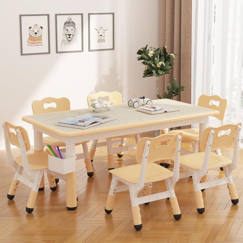 Kids Table & 6 Chairs Set - Adjustable Height Art & Dining Table for Toddlers Ages 3-10, 300lb