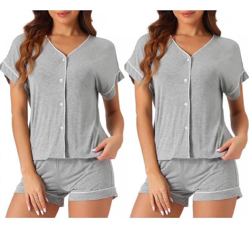 cheibear Women's Modal Button Up Short Sleeve T-shirt and Shorts Pajama Sets 2 Pcs Light Gray Large