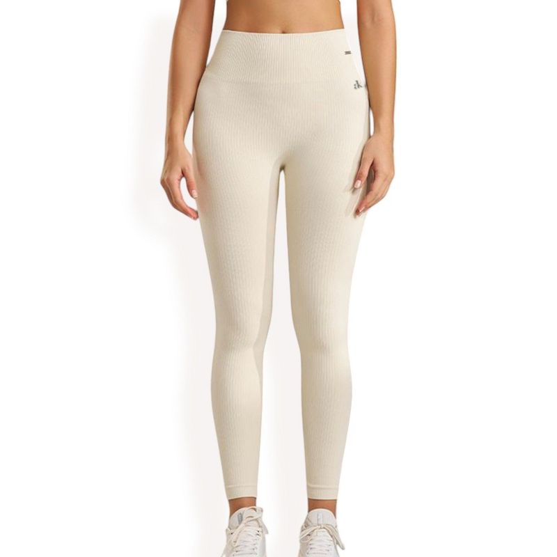 Anna-Kaci Women's High Waist Ribbed Seamless Leggings with Stretch Compression Fit - Small, Ivory