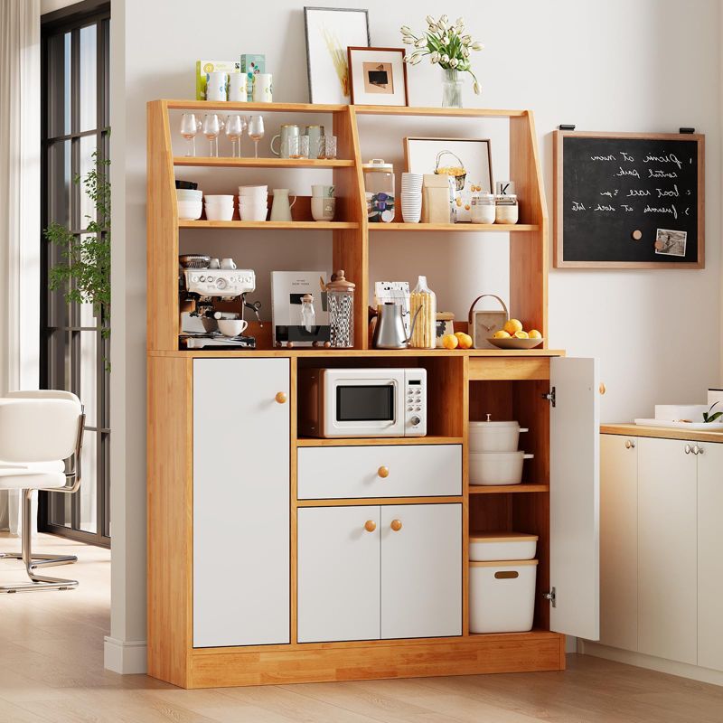 Extra Large Kitchen Pantry Cabinet: Freestanding Storage with Microwave Shelf, Countertop, Drawer & Adjustable Shelf/Rack – White + Walnut