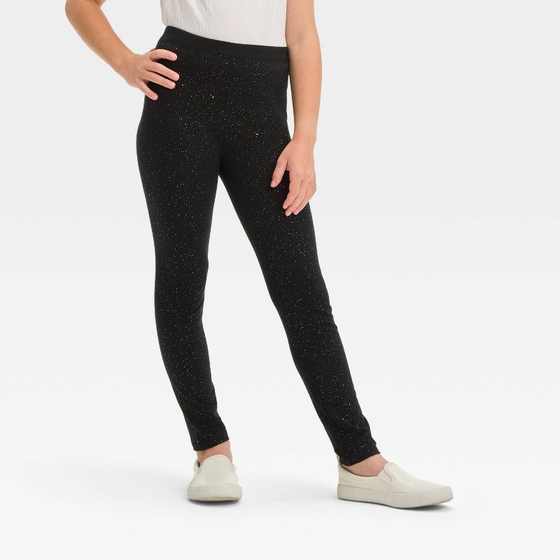 Girls' Sparkle Leggings - Cat & Jack™ Black S: High Rise, Skinny Leg, Stretch Jersey