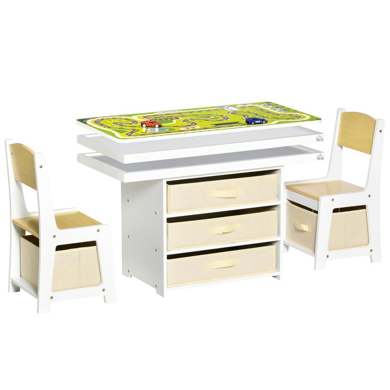 Qaba 3-in-1 Activity Table and Chair Set, Modern Kids Writing Desk Set, Bricks and Roads Style Table and Chair Set, 3pc Total, White