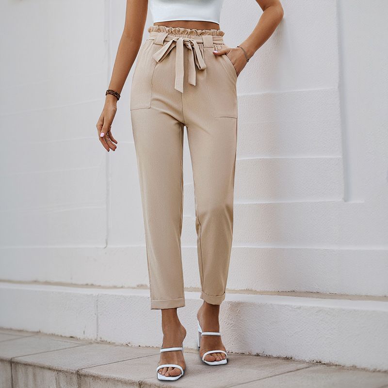 Women Drawstring Elastic Waist Tapered Office Pants with Pockets Beige L