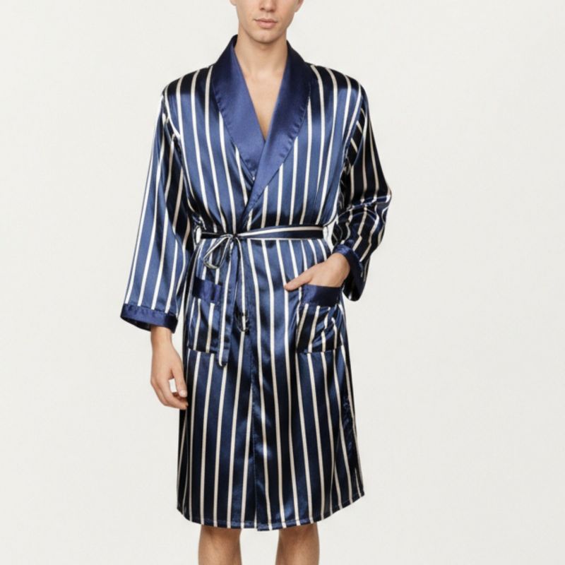 Anna-Kaci Lounge Men's Satin Robe with Geometric Print Contrast Shawl Collar and Waist Tie- Medium, Blue