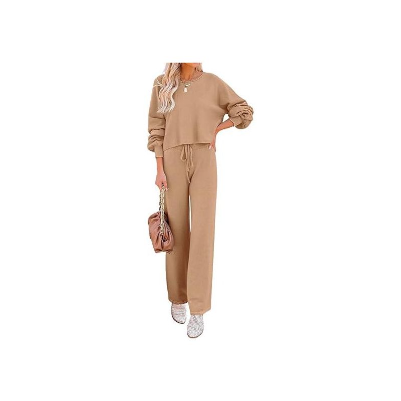 Ekouaer Knit Lounge Sets for Women 2 Piece Cozy Long Sleeve Pullover Sweater Top and Wide Leg Pants Set Pajamas Outfits Khaki XXL