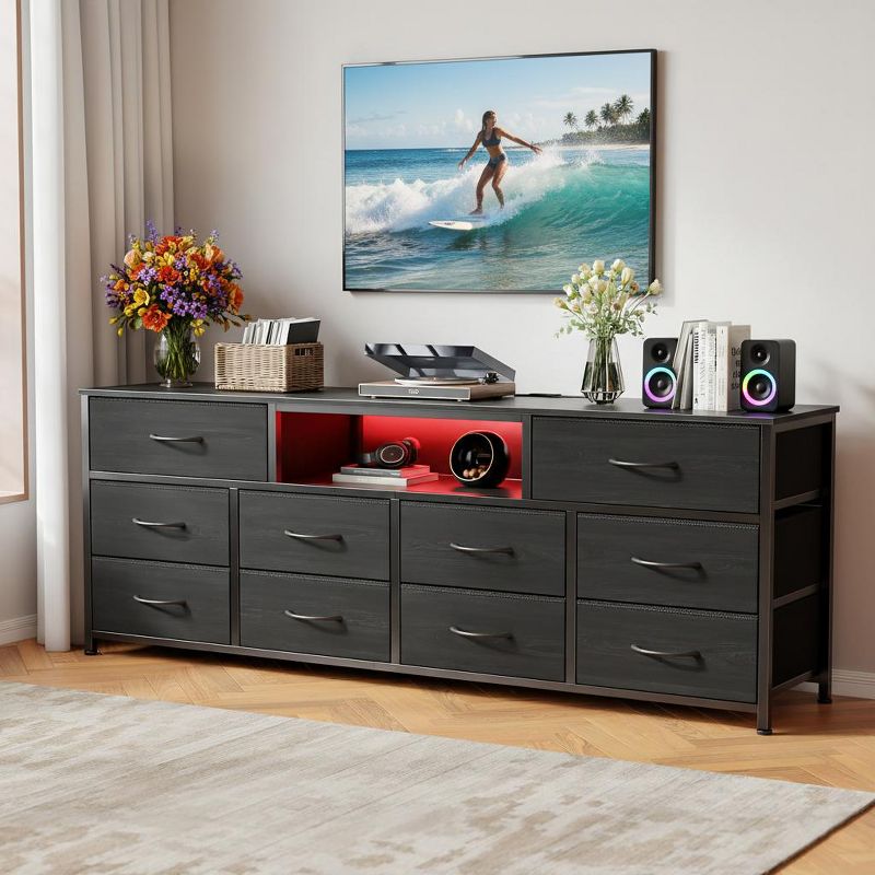 Large Black Dresser 10 Drawer Storage Chest TV Stand For 75 Inch TV Media Console 63 Inch Wide Bedroom Furniture With LED Lights Charging Station