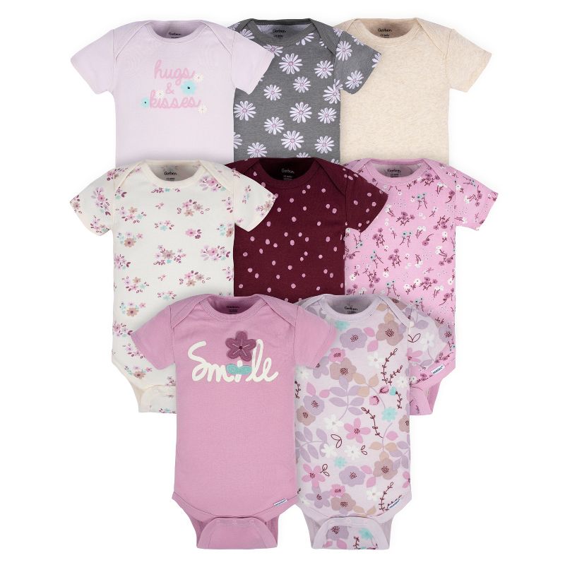 Gerber Baby Girls' Short Sleeve Onesies Bodysuits, 8-pack, Lavender Garden, 12 Months