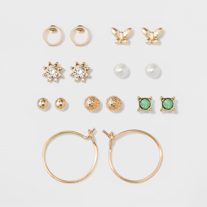 Two Spheres, Two Circles, Flower, Pearl, Green Stone & Bow Stud Earring Set 8pc - A New Day™ Gold: Iron, Glass, Plastic, Nickel-Free Metal
