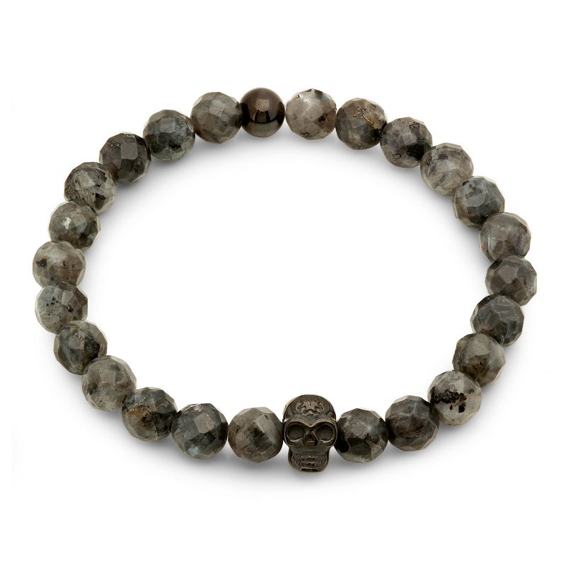 Steeltime Men's black lava beaded bracelet with black ip stainless steel skull