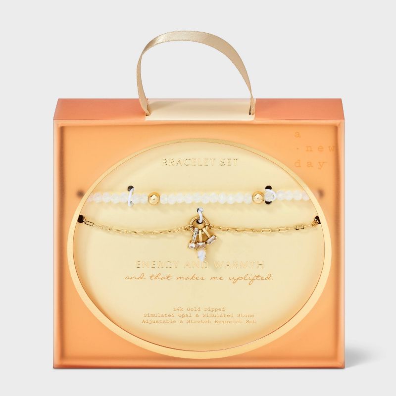 14k Gold Dipped White Stretch & Mixed Stone Bolo Bracelet Set 2pc - A New Day™