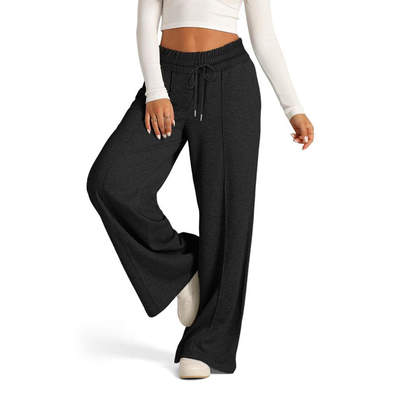 Womens Wide Leg Pants Tie Waist Casual Long Pants Side Pockets Black L