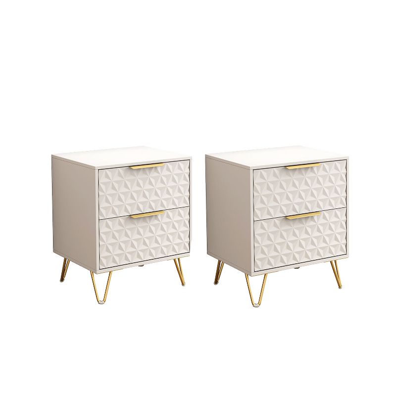 KTMBDW Set of 2 Modern Luxury Nightstand, Bed Side Table with 2 Drawers Storage, Wood End Table with Gold Handle, White Night Stands for Bedroom