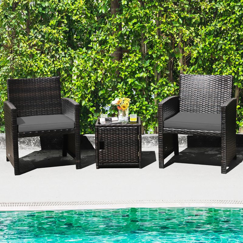 Costway 3PCS Patio Wicker Furniture Set Storage Table W/Protect Cover Gray