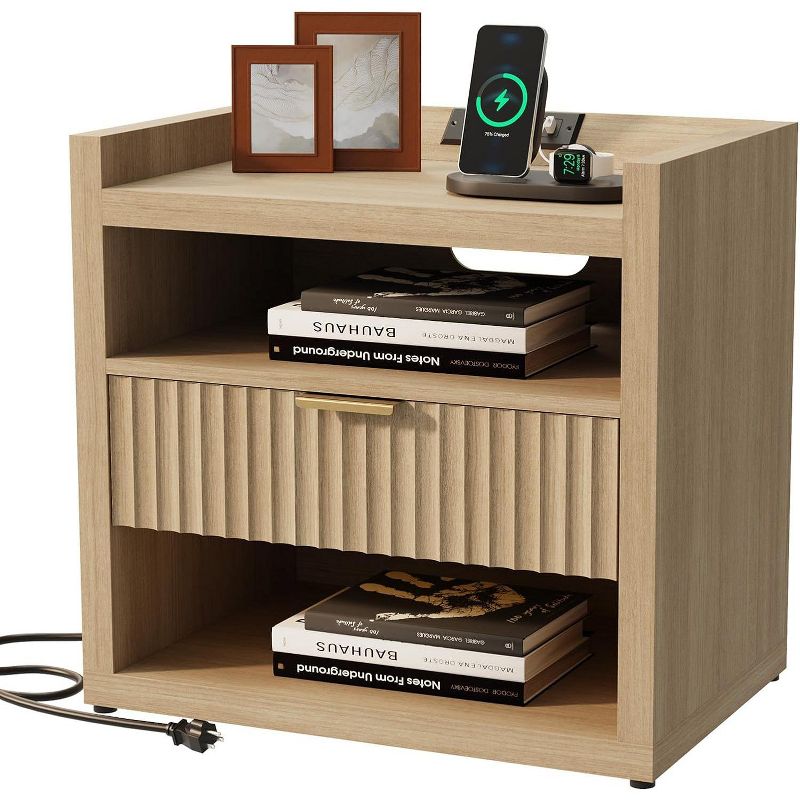 Modern Wood Nightstand with Charging Station 1 Drawer Bedside Table USB Ports Large Storage Bedroom Furniture Accent End Table Living Room Home