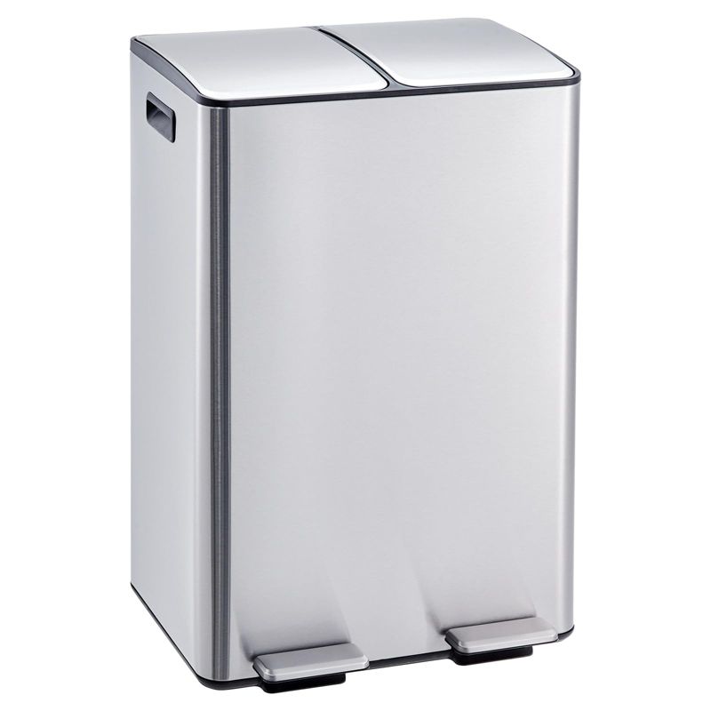 Acekool Dual Trash Can 16 Gallon Kitchen Garbage Can with Lid, Double Compartment Trash and Recycling Bin with Step Pedal, Silver
