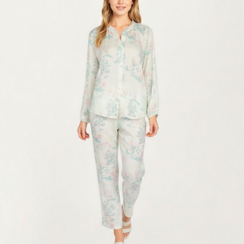 Anna-Kaci Lounge Women's 2-Piece Set Long Sleeve Button Front Top and Relaxed Fit Pants Pajama Set with Pastel Print - Medium, Light Beige