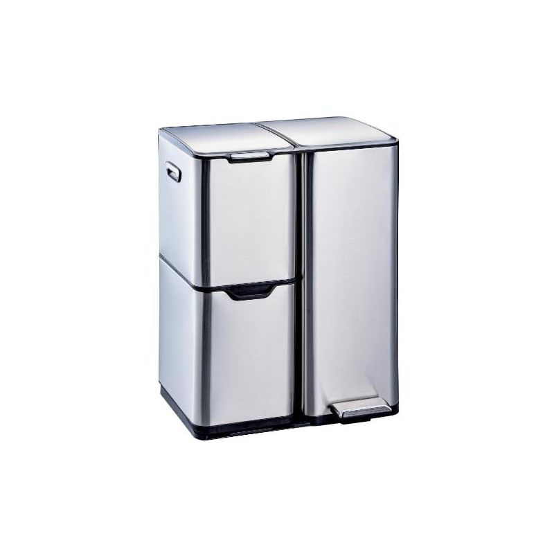 16 Gal Kitchen Trash Can, 3 Compartments Stainless Steel Garbage Can with Pedal and Removable Inner Buckets, Trash and Recycle Bin Combo Set, Silver