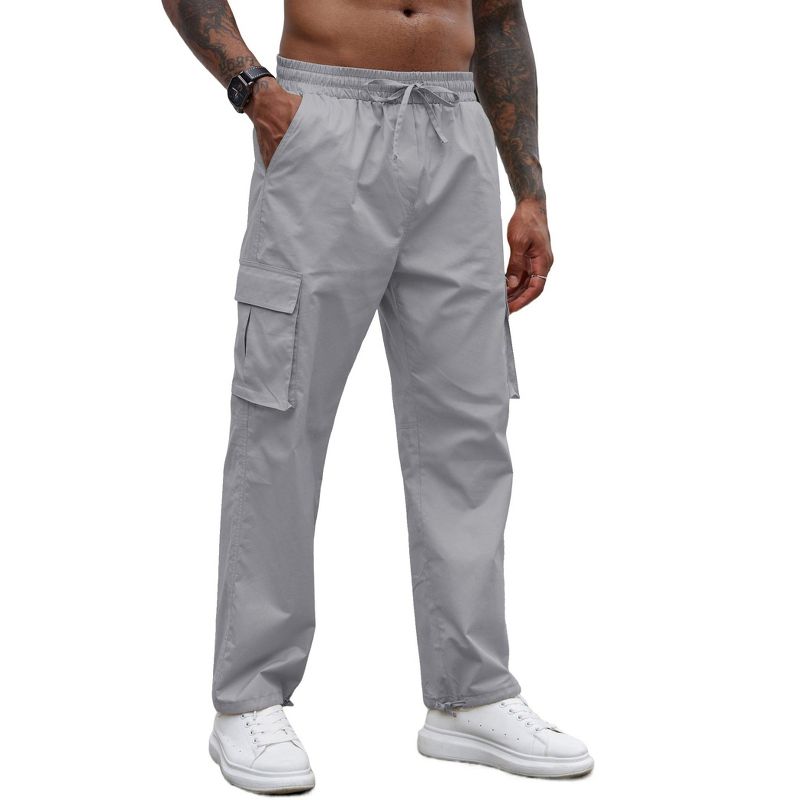 COOFANDY Men's Casual Cargo Pants Cotton Drawstring Athletic Jogger Sweatpants Light Gray L