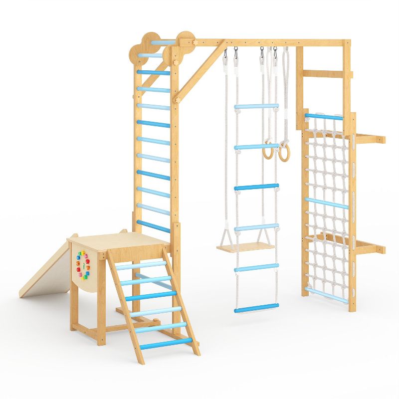 8-in-1 Indoor Jungle Gym Set with Slide Swing Monkey Bar Wooden Climbing Structure for Kids Ages 3-8