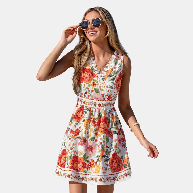 Women's Summer Boho Floral V-Neck Sleeveless Sundress - Cupshe-M-Orange