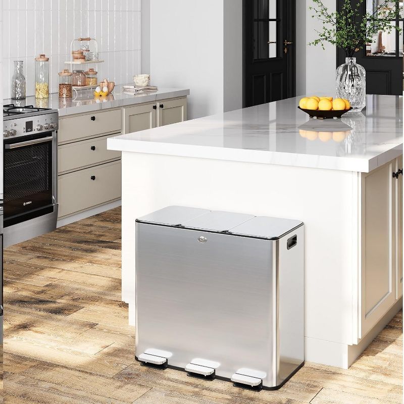 Acekool 60L Trash Can with 3 Compartments, Pedal Recycling Bin with Lids, Stainless Steel Garbage Can for Kitchen, Home, Office