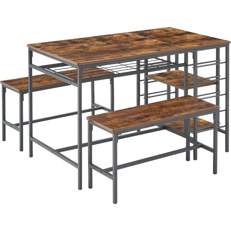 4-Person Dining Table Set with Bench and Storage, Space-Saving Kitchen Dining Furniture with Reinforced Frame in Retro Brown