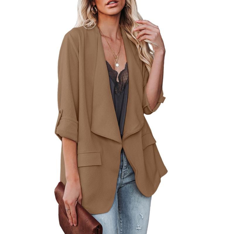 Womens Casual Blazer Jackets Roll Up Long Sleeve Open Front Jacket Loose Fit Longline Blazer Work Office Business Blazers,Dark Khaki - XL