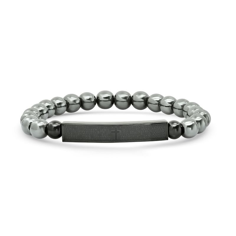 Steeltime Men's hematite and black ip stainless steel Our Father english prayer id beaded bracelet