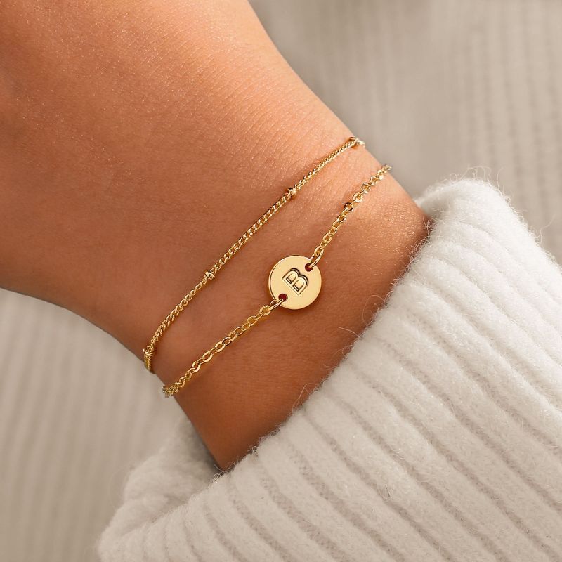 Turandoss Gold Initial Bracelets for Women Girls, Dainty Layered Charm Bracelet, Gold Jewelry, Birthday Valentine's Day Gifts for Women, 6+2Inches, B