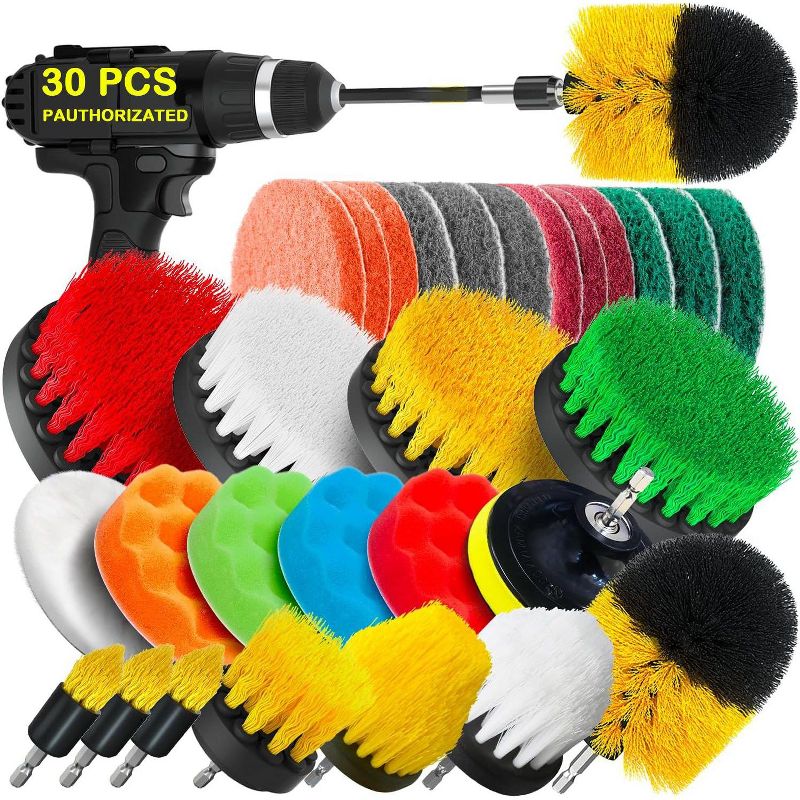 30Pack Drill Brush Set – Power Scrubber, Scrub Pads & Sponge for Grout, Tiles, Sinks, Car Polishing & Cleaning