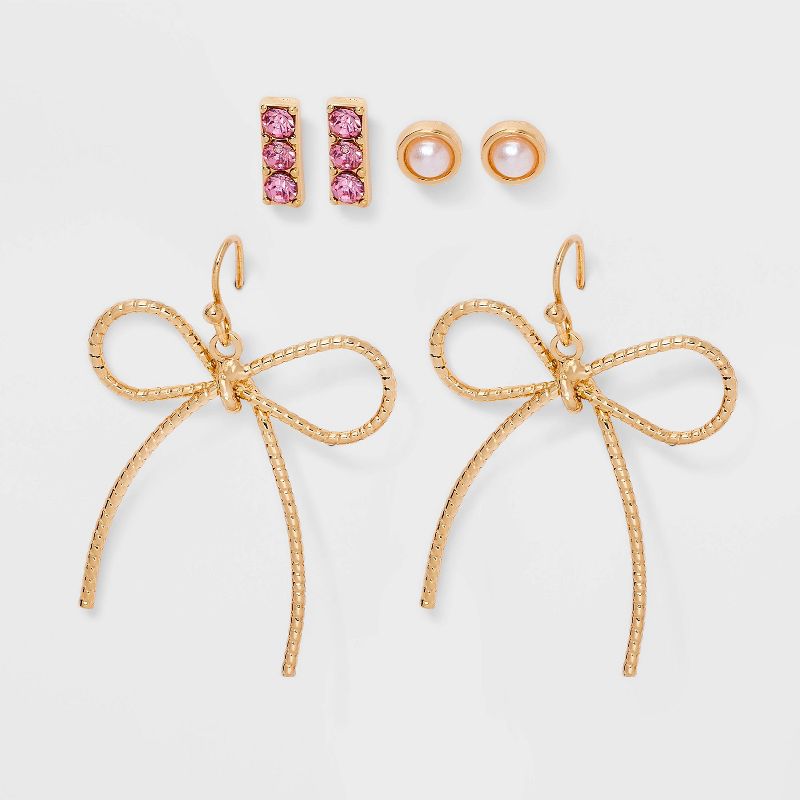 Simulated Pearl and Bow Drop Earring Set 3pc - Wild Fable™ Pink/Gold