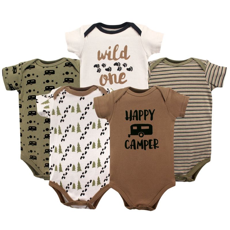 Luvable Friends Baby Boy Cotton Bodysuits 5pk, Happy Camper, 0-3 Months